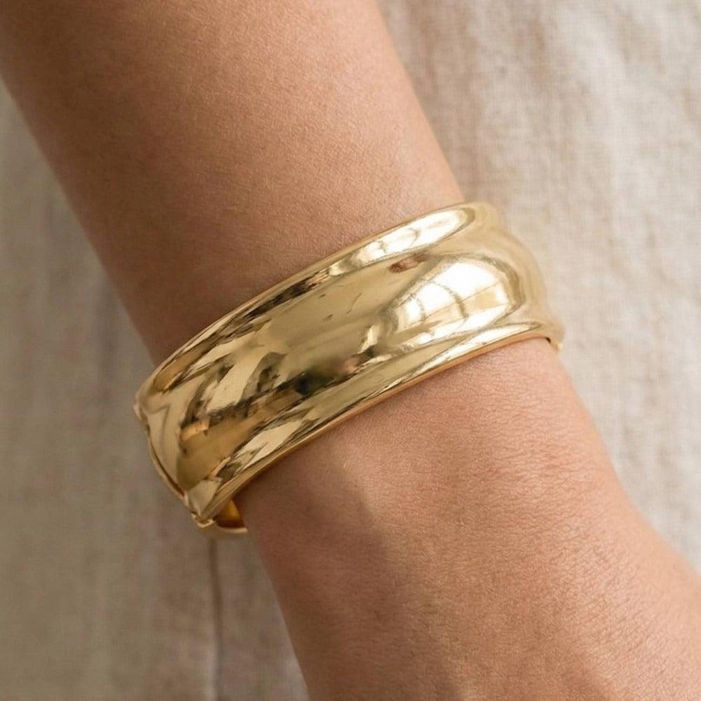 Wide Ripple Hinge Bangle Bracelet — on model