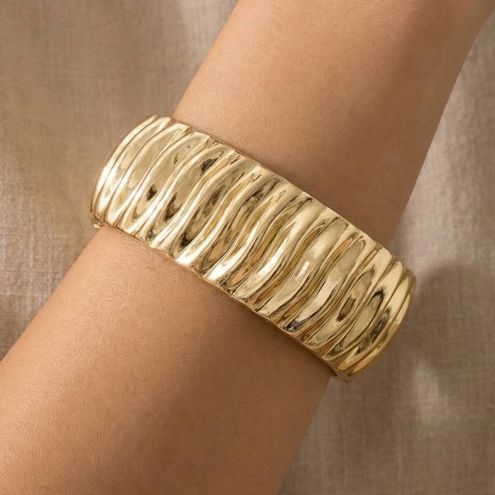 Textured Wide Hinge Bangle Bracelet — on model