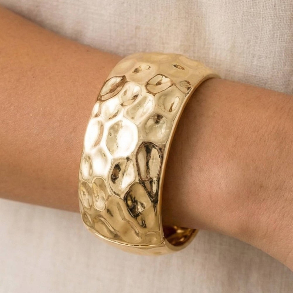 Hammered Curved Hinge Bangle Bracelet — on model