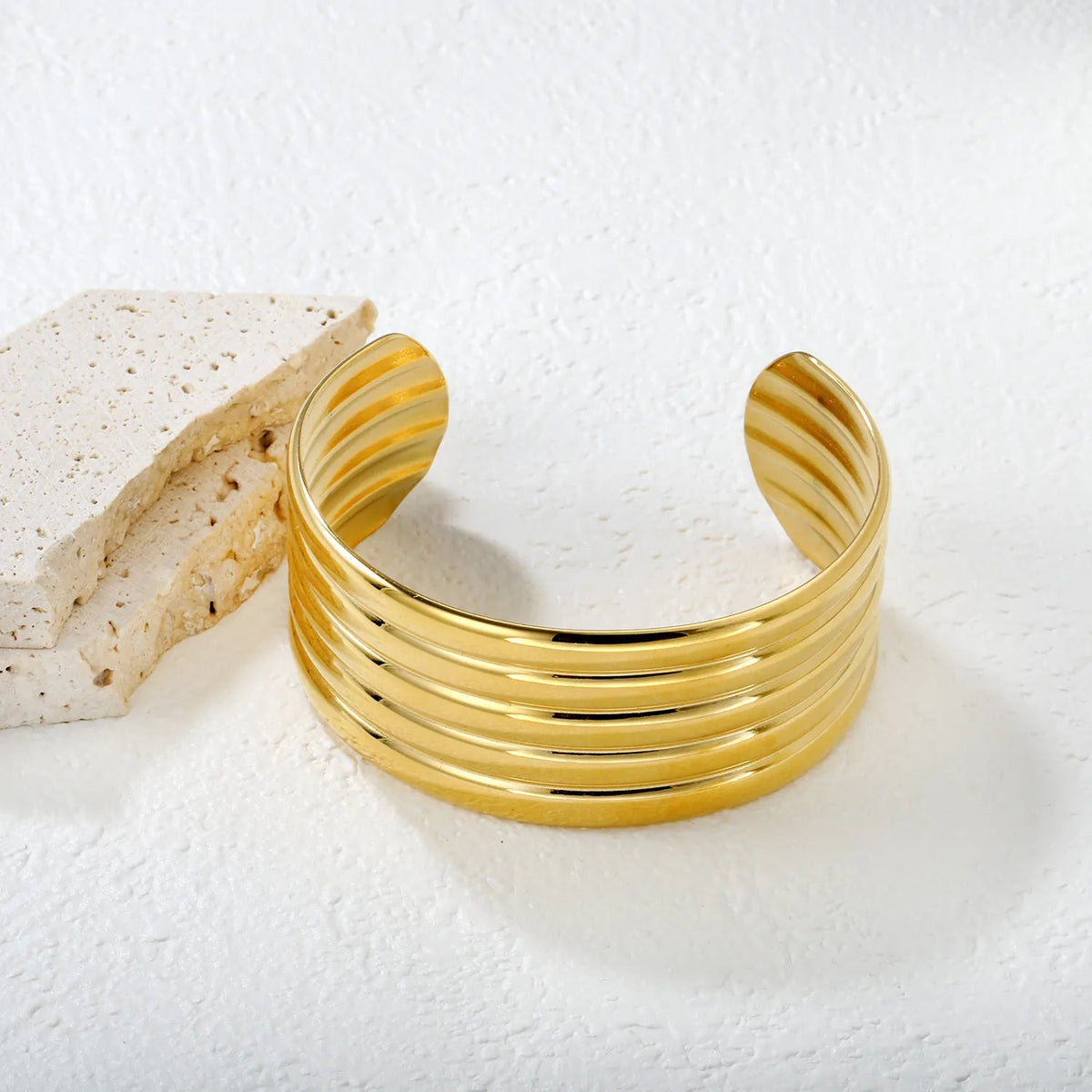 Wide Ribbed Gold Bangle — product view