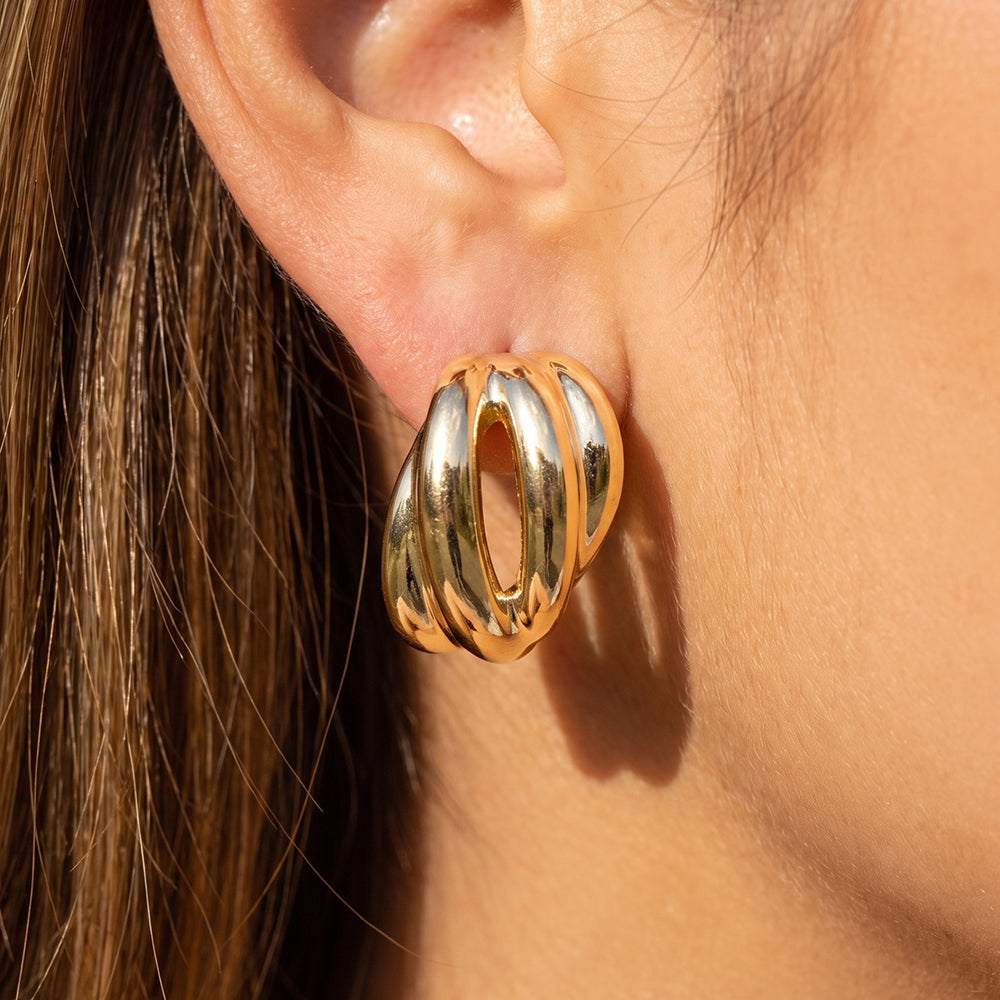 Triple Ridged Croissant Hoop Earrings — on model