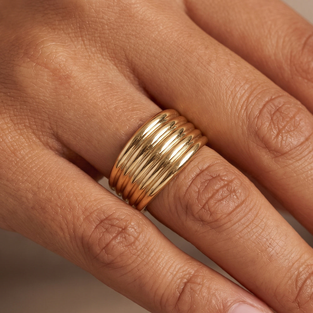 Wide Ribbed Multi-Row Dome Ring — on model