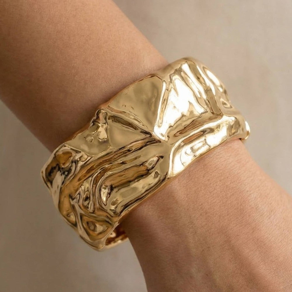 Crumple Texture Wide Hinge Bangle Bracelet — on model