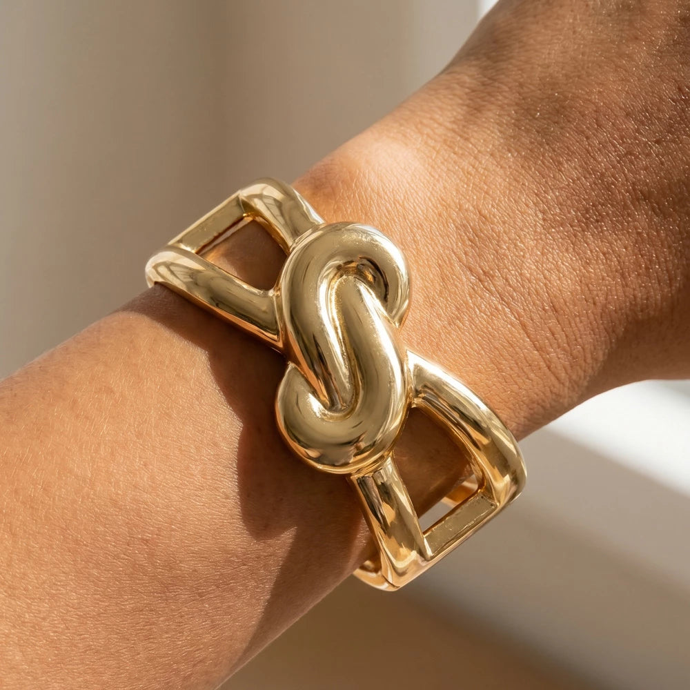 Chunky Love Knot Open Cuff Bracelet — on model