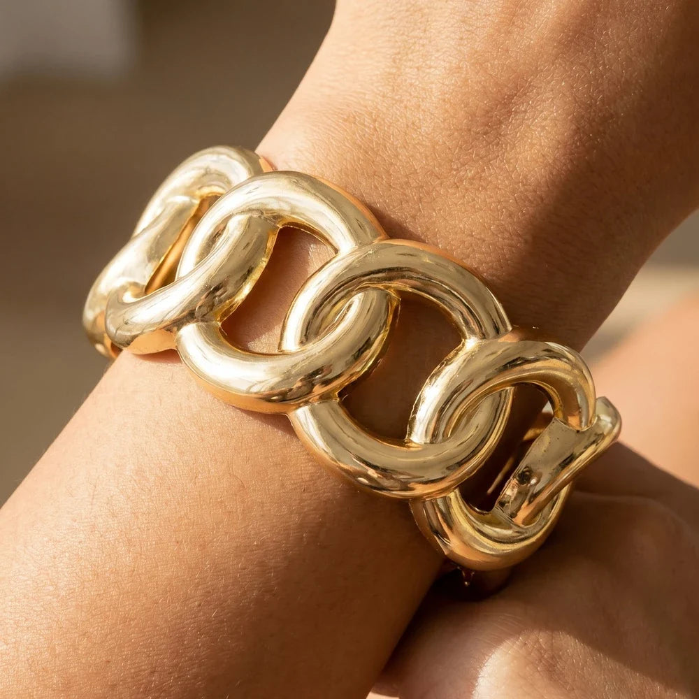 Wide Curb Chain Link Open Cuff Bracelet — on model