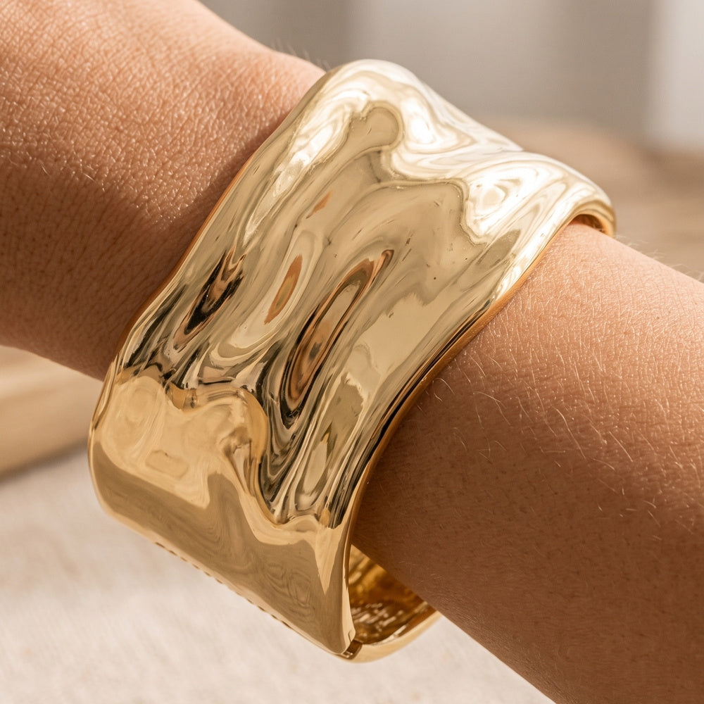 Wide Molten Crinkle Cuff Bracelet — on model