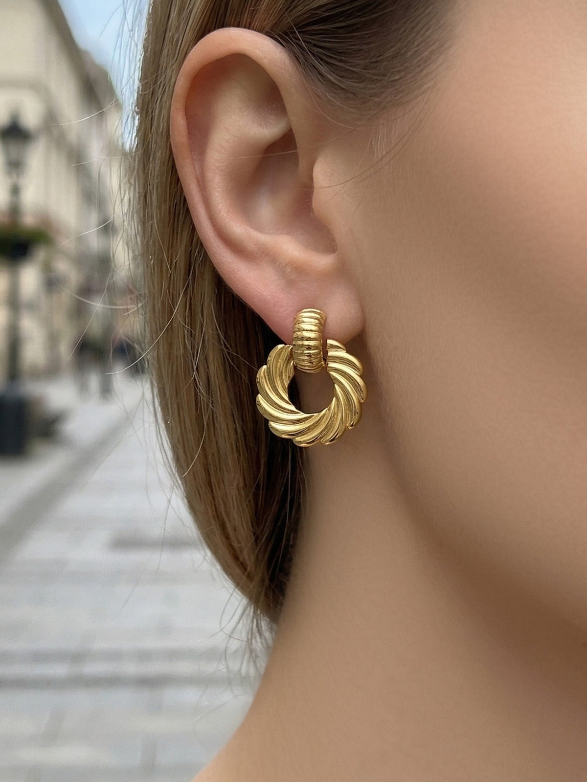 Spiral Twist Earrings — on model
