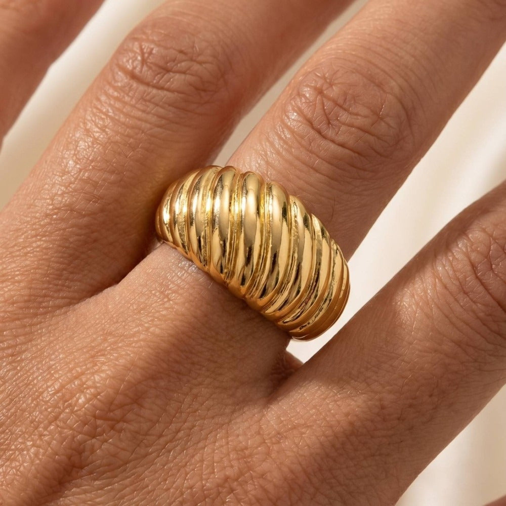 Chunky Ridged Croissant Open Cuff Ring — on model