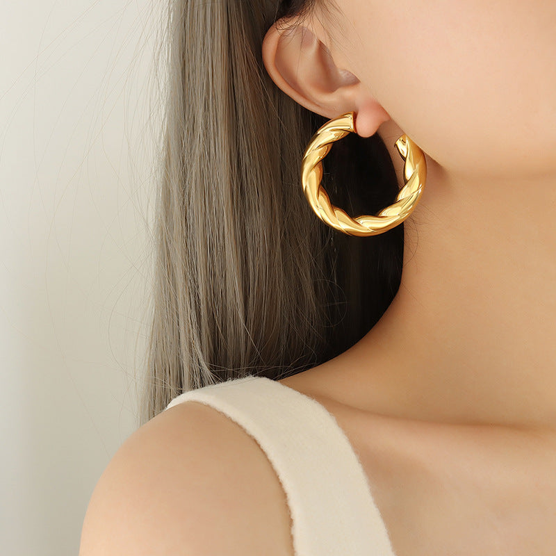 316L Stainless Steel Hollow C-Shape Twisted Hoop Earrings — supplier styling photograph