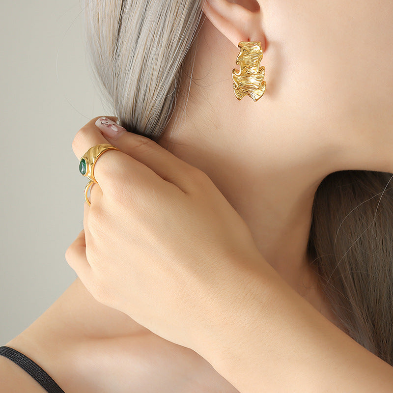 316L Stainless Steel 18K Gold PVD Geometric Wrinkled Texture Hoop Earrings — supplier styling photograph